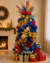 Cargar imagen en el visor de la galería, Arbolito Navideño en Renta – Estilo Royal Blue & Gold Santa Fireplace Opulence